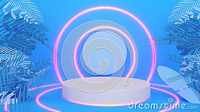 White stand on a blue background with blue botanica leaves,circle neon light,mock up podium for product presentation Stock Photo