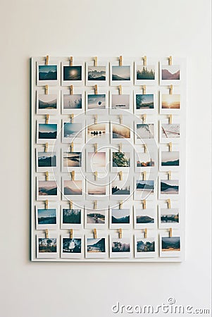 White stand of Polaroid photos attached by wooden clothespins Stock Photo