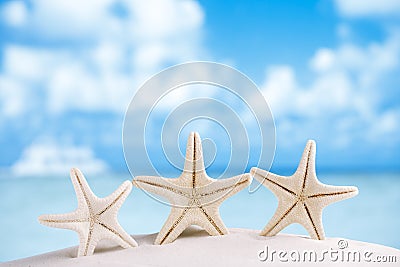 White starfish with ocean, boat, white sand beach Stock Photo