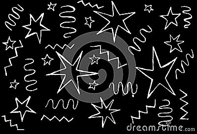 White stars, waves, and zigzags are drawn in white on a black background Stock Photo