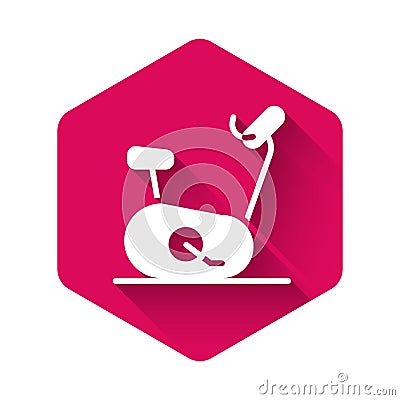 White Stationary bicycle icon isolated with long shadow background. Exercise bike. Pink hexagon button. Vector Vector Illustration