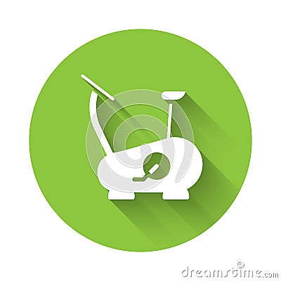 White Stationary bicycle icon isolated with long shadow. Exercise bike. Green circle button. Vector Vector Illustration