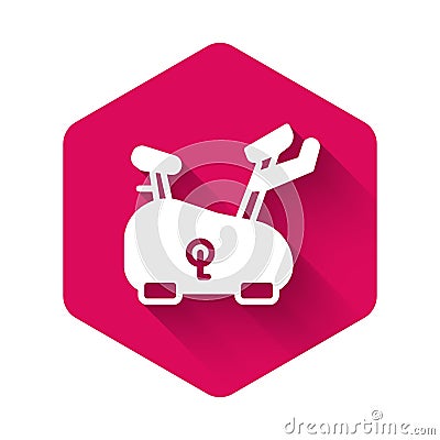 White Stationary bicycle icon isolated with long shadow. Exercise bike. Pink hexagon button. Vector Vector Illustration