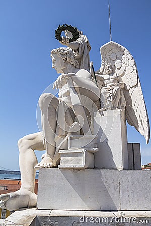 White statue above Praca do Comercio in Lisbon Stock Photo