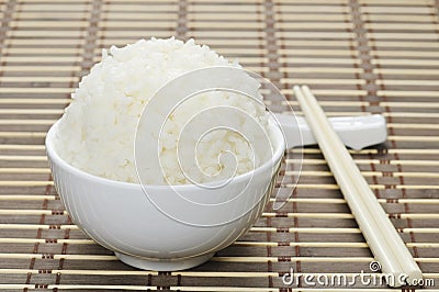 White steamed rice in ceramic bowl Stock Photo