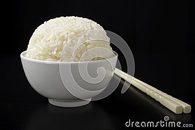 White steamed rice in ceramic bowl Stock Photo