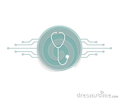 White stethoscope on blue circle with printed circuit board microchip lines, smart telemedicine symbol, vector Vector Illustration