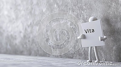A white stick figure with hat is Presenting a folder with the inscription "Vita" in his hands Stock Photo