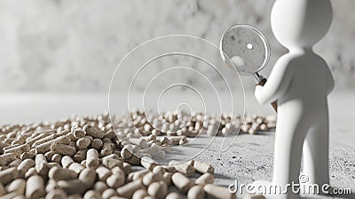 A white stick figure is viewing wood pellets through a magnifying glass Stock Photo