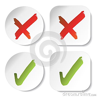 White stickers with check mark symbols, circular and squared buttons Vector Illustration