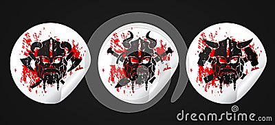 White stickers set with black viking skull icon on a grunge style Vector Illustration