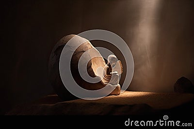 Stone statue of an angel inside a dark tomb Stock Photo