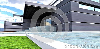 White stone curb of a footpath paved with roofed concrete slabs on a lawn on the territory of a stylish country house with a metal Stock Photo