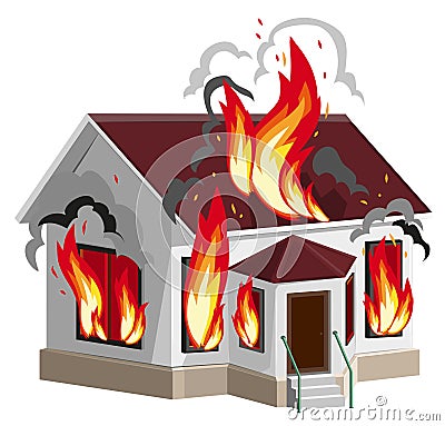 White stone house burns. Property insurance against fire. Home insurance Vector Illustration