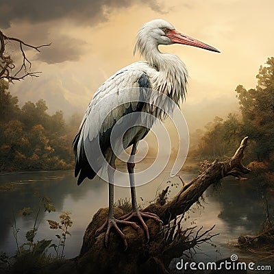 White stork Ciconia ciconia on the lake in spring. Stork with open wing. White stork in the nature habitat Cartoon Illustration