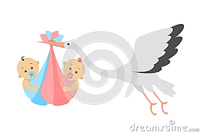 White stork flying with a newborn baby twins Vector Illustration