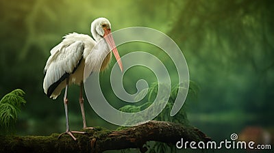 Photorealistic Landscape: White Stork Perched On Wood Branch Stock Photo