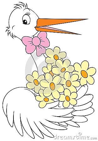 White stork holding the bunch of flowers Vector Illustration