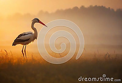 White stork in misty meadow in summer morning, generative ai Cartoon Illustration
