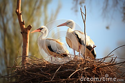 White Storks Standing on Nest Stock Photo
