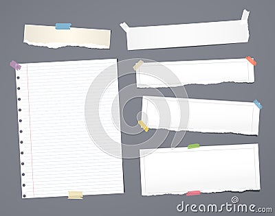 White striped note paper, copybook, notebook sheet stuck with adhesive tape on dark gray background. Vector Illustration