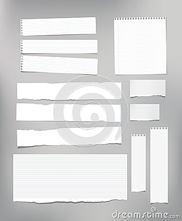 White striped note paper, copybook, notebook sheet stuck on light gray background. Vector Illustration