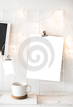 White studio room interior with posters mock-up, scandinavian st Stock Photo