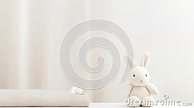 A white stuffed rabbit next to a bed, AI Stock Photo