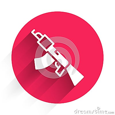 White Submachine gun icon isolated with long shadow background. Kalashnikov or AK47. Red circle button. Vector Vector Illustration