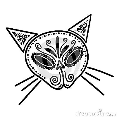 White sugar cat skull vector icon. Hand-drawn illustration isolated on white background. Decorated head of a cute kitten. Vector Illustration