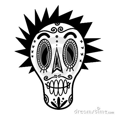 White sugar skull vector icon. Hand-drawn doodle isolated on white. Painted face of a man with a mohawk Vector Illustration