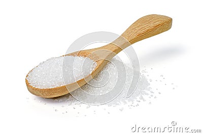 White sugar in wood spoon on white background Stock Photo