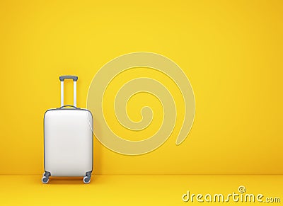 White suitcase on yellow background with copy space Stock Photo