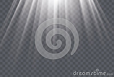 White sun rays and glow light effect on transparent background. Vector Illustration