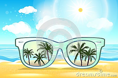 White Sunglasses reflection sunset at palm tree landscape scene in light blue studio, Summer Time concept, Leave space for adding Vector Illustration