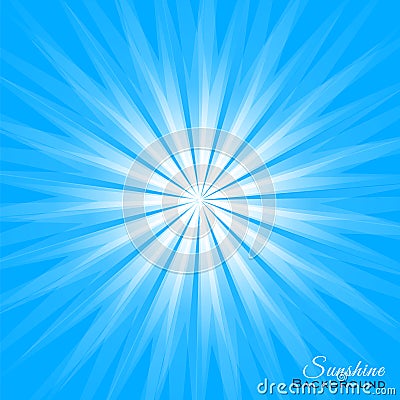 White sunlight on blue background. Sunshine cover vector illustration with dazzling radiance. Solar banner with rays Vector Illustration