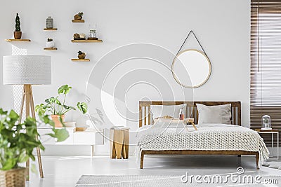 A white, sunlit hotel bedroom interior with monstera deliciosa p Stock Photo