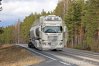 White Super Scania Tanker on Rural Road Editorial Stock Photo