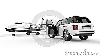 White SUV limousine with a private jet Stock Photo