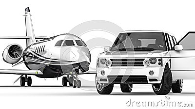 White SUV limousine with a private jet Stock Photo