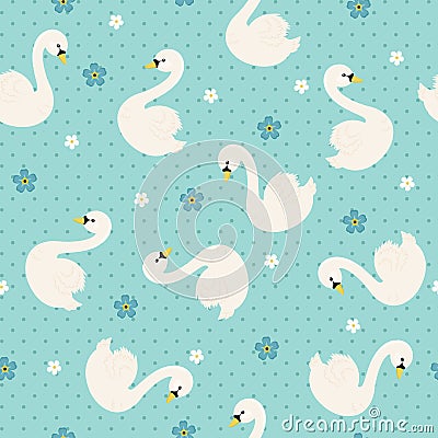 White swan with forget-me-nots seamless pattern Vector Illustration