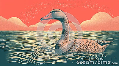 Pink Swan In Water: Woodcut-inspired Graphic With Detailed Skies Cartoon Illustration