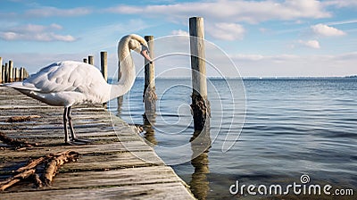 Romantic Seascapes: A Swan On An Old Pier Stock Photo