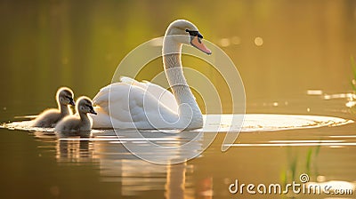 White swan with two little chicks Stock Photo