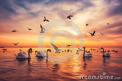 White swans swimming in the sea water and flying seagulls in the sky ,sunrise shot Stock Photo