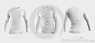 White sweatshirt mockup 3D rendering, male longsleeve, isolated on background, front, back. Set Stock Photo