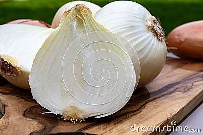 White sweet doux french salad and purple shallots onions vegetables on food market close up Stock Photo