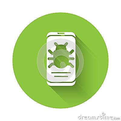White System bug on mobile icon isolated with long shadow. Code bug concept. Bug in the system. Bug searching. Green Stock Photo