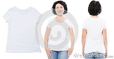 White t-shirt mock up blank close up, female t shirt set over white Stock Photo