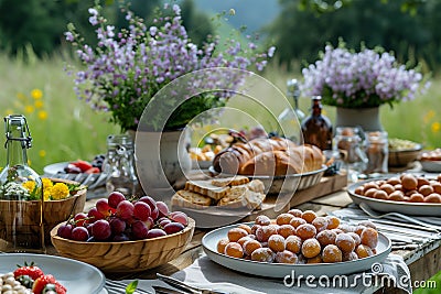 White table outdoors covered with various plates of food and bowls of fresh fruit in a field Stock Photo